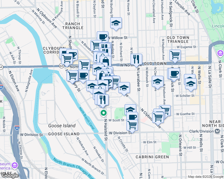 map of restaurants, bars, coffee shops, grocery stores, and more near 1500 North Clybourn Avenue in Chicago