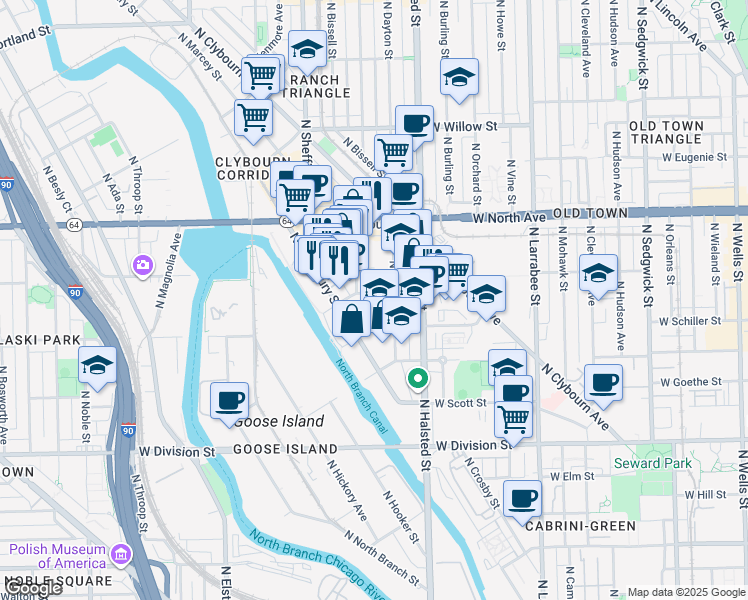 map of restaurants, bars, coffee shops, grocery stores, and more near 1476 North Fremont Street in Chicago