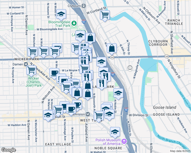 map of restaurants, bars, coffee shops, grocery stores, and more near 1451 North Bosworth Avenue in Chicago