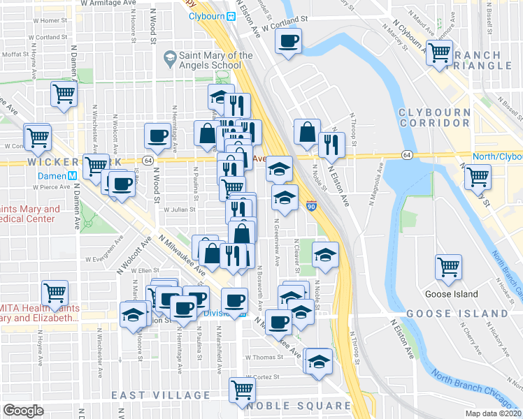 map of restaurants, bars, coffee shops, grocery stores, and more near 1451 North Bosworth Avenue in Chicago