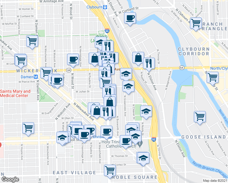 map of restaurants, bars, coffee shops, grocery stores, and more near 1451 North Bosworth Avenue in Chicago