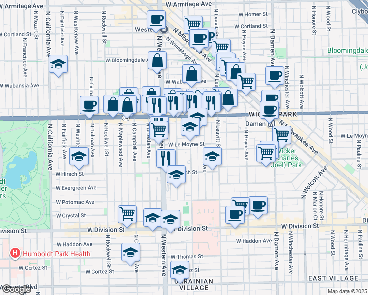 map of restaurants, bars, coffee shops, grocery stores, and more near 2315 West Le Moyne Street in Chicago
