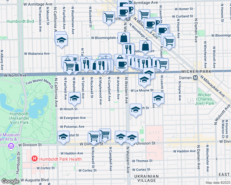 map of restaurants, bars, coffee shops, grocery stores, and more near 1500 North Artesian Avenue in Chicago