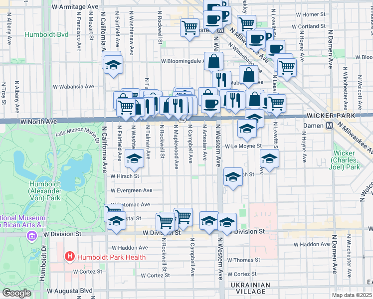 map of restaurants, bars, coffee shops, grocery stores, and more near in Chicago