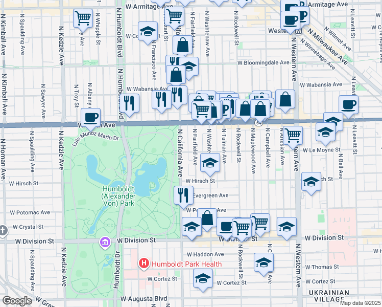 map of restaurants, bars, coffee shops, grocery stores, and more near 1502 North Fairfield Avenue in Chicago