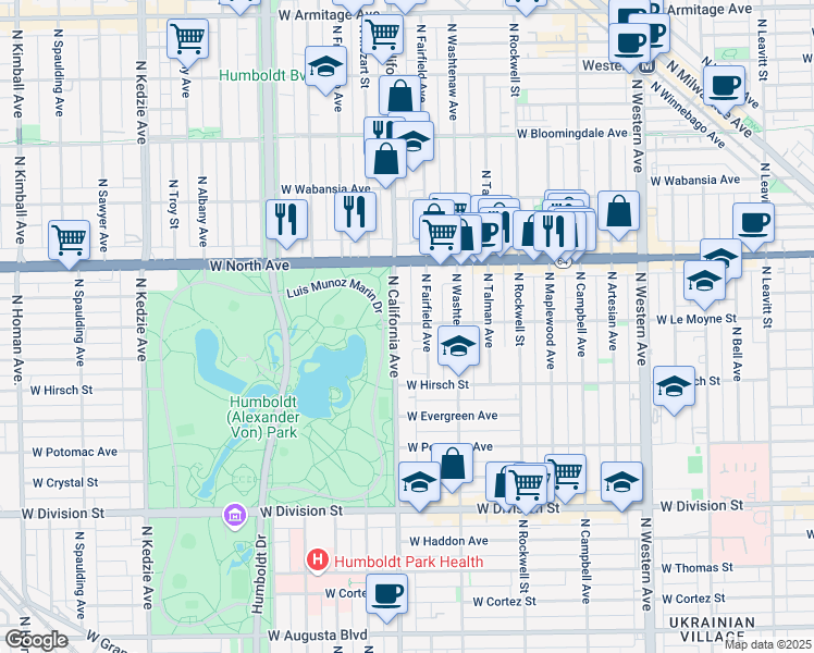 map of restaurants, bars, coffee shops, grocery stores, and more near 1502 North Fairfield Avenue in Chicago