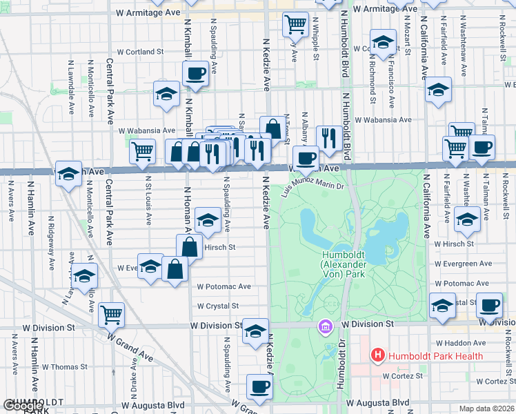 map of restaurants, bars, coffee shops, grocery stores, and more near 3226 West Le Moyne Street in Chicago