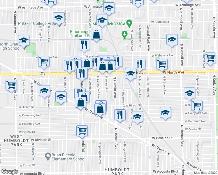 map of restaurants, bars, coffee shops, grocery stores, and more near 1510 North Avers Avenue in Chicago