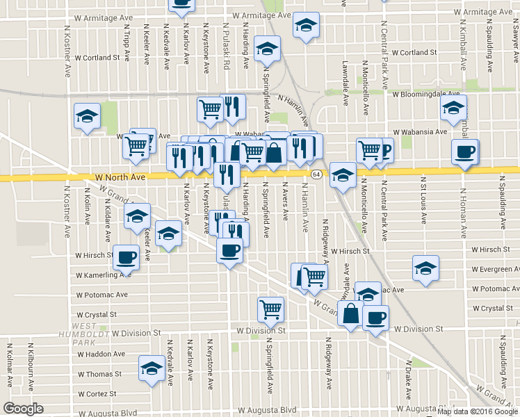 map of restaurants, bars, coffee shops, grocery stores, and more near 1512 North Springfield Avenue in Chicago