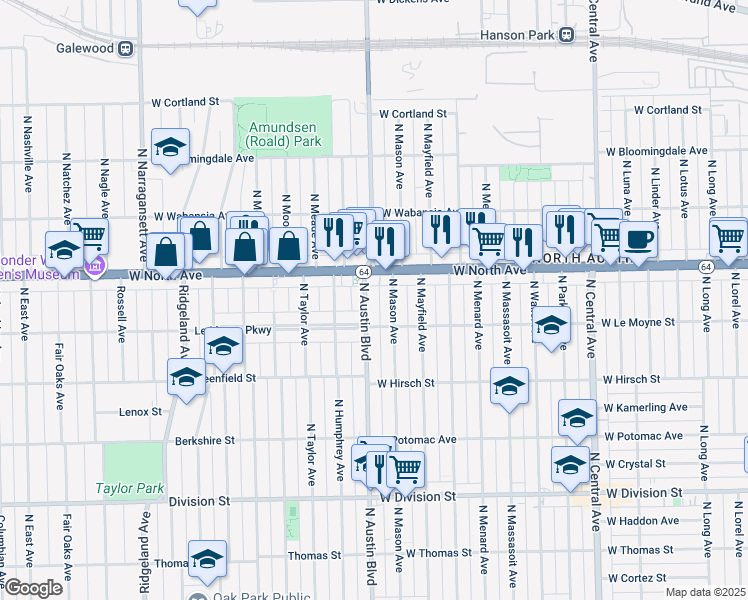 map of restaurants, bars, coffee shops, grocery stores, and more near 1533 North Austin Boulevard in Chicago