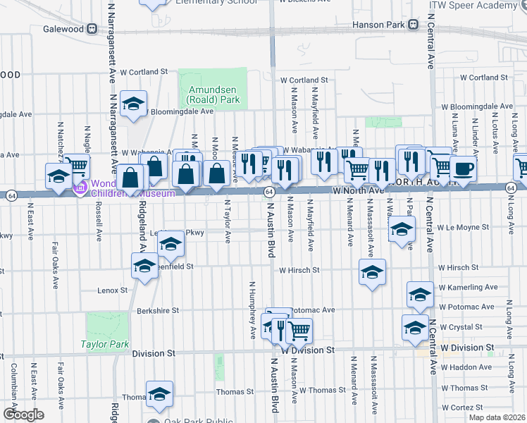 map of restaurants, bars, coffee shops, grocery stores, and more near 1533 North Austin Boulevard in Chicago