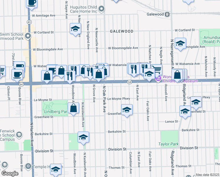map of restaurants, bars, coffee shops, grocery stores, and more near 1232 North Euclid Avenue in Oak Park