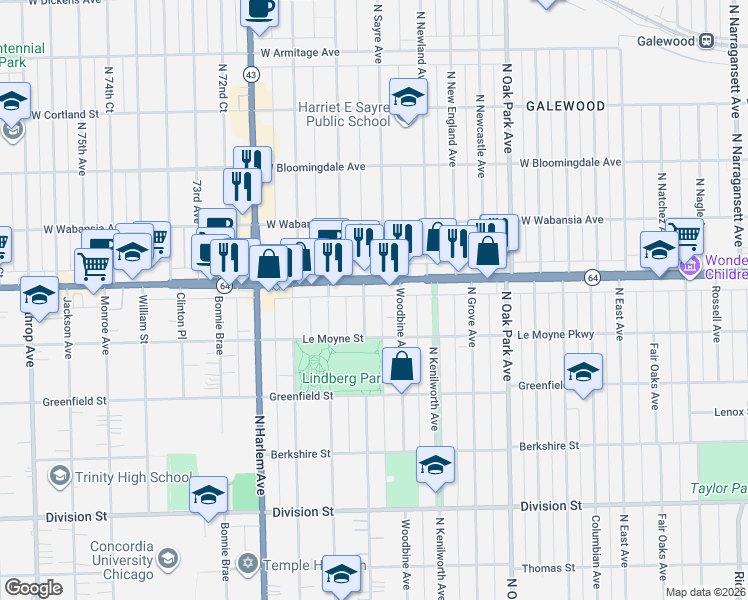 map of restaurants, bars, coffee shops, grocery stores, and more near 1242 Forest Avenue in Oak Park