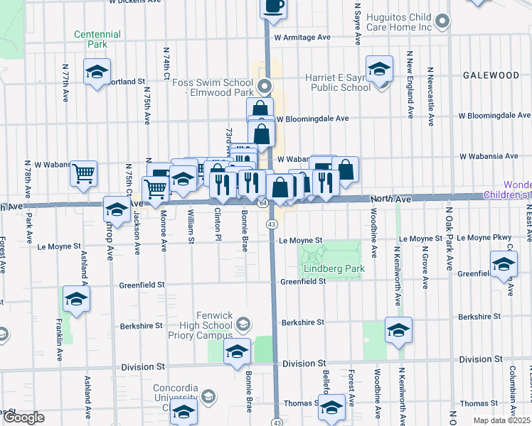 map of restaurants, bars, coffee shops, grocery stores, and more near in River Forest