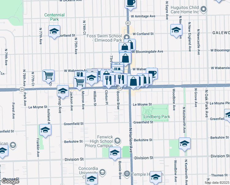map of restaurants, bars, coffee shops, grocery stores, and more near 7319 West North Avenue in River Forest
