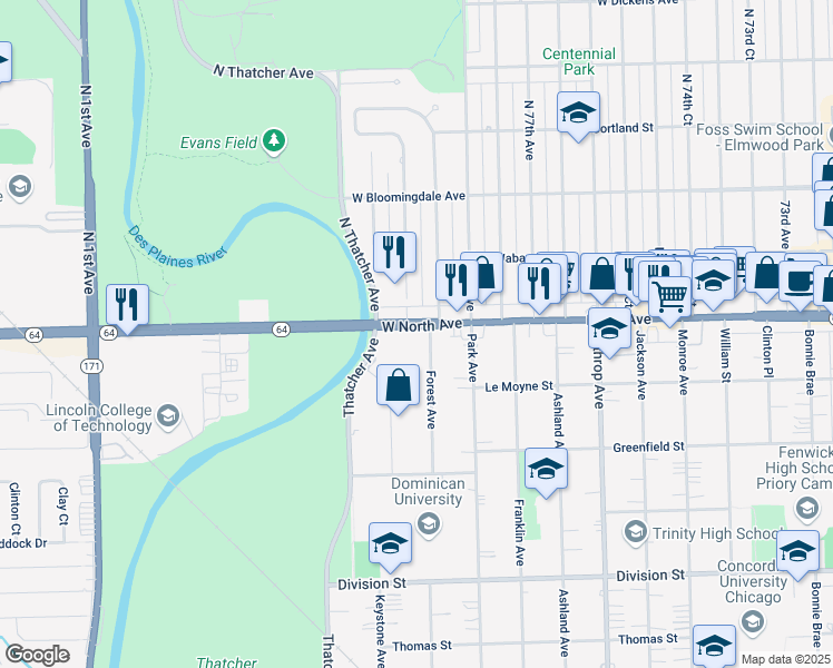 map of restaurants, bars, coffee shops, grocery stores, and more near in River Forest
