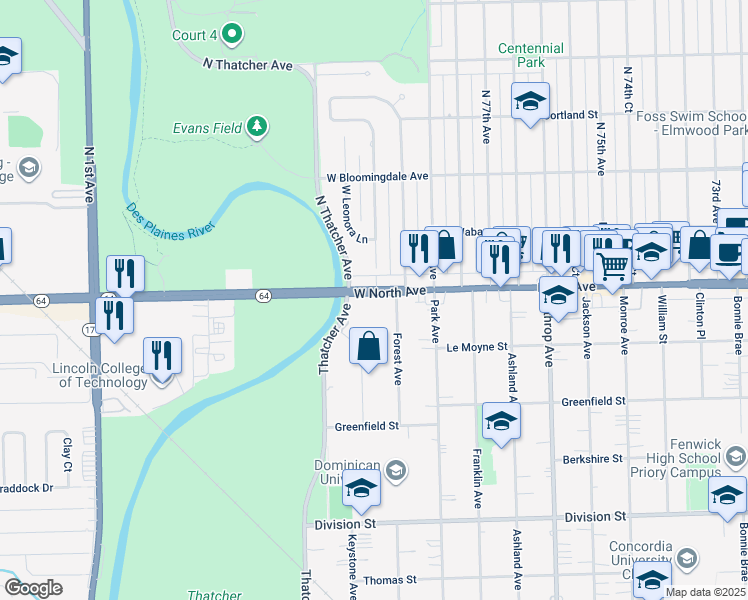 map of restaurants, bars, coffee shops, grocery stores, and more near in Elmwood Park