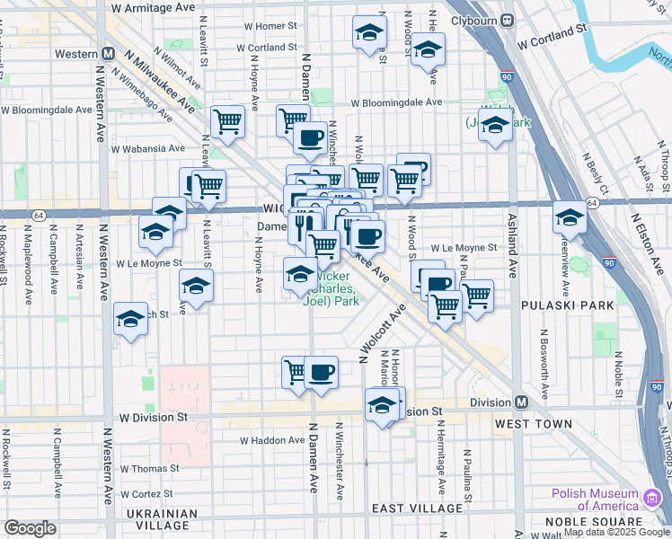 map of restaurants, bars, coffee shops, grocery stores, and more near 1400 North Honore Street in Chicago