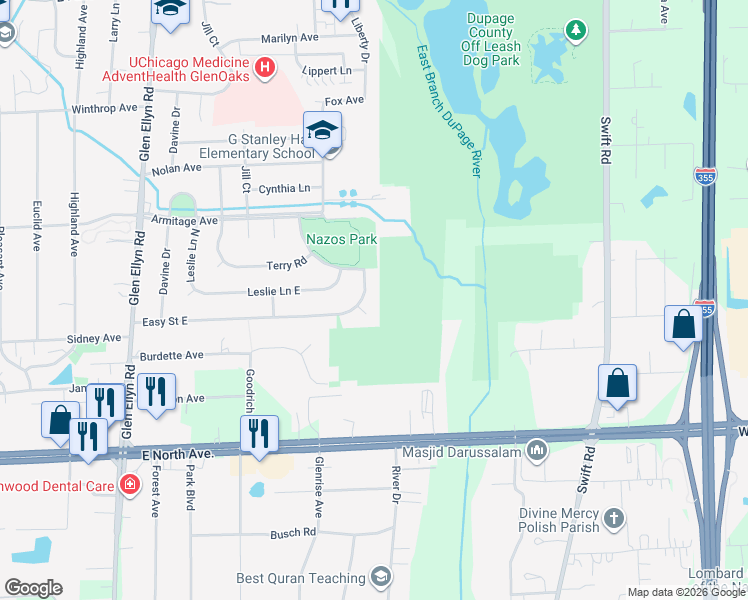 map of restaurants, bars, coffee shops, grocery stores, and more near 1329 Easy Street East in Glendale Heights