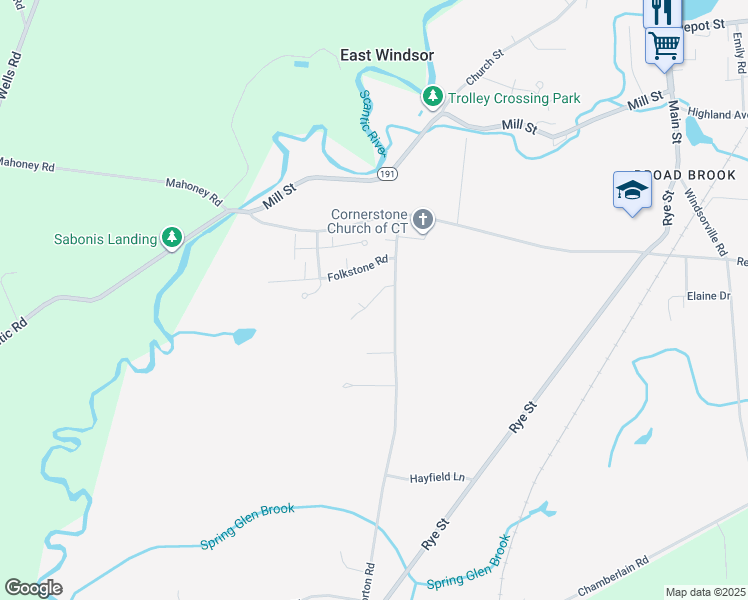 map of restaurants, bars, coffee shops, grocery stores, and more near Reggie Way in East Windsor