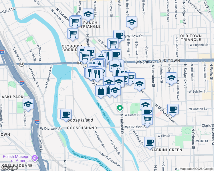 map of restaurants, bars, coffee shops, grocery stores, and more near 853 West Blackhawk Street in Chicago
