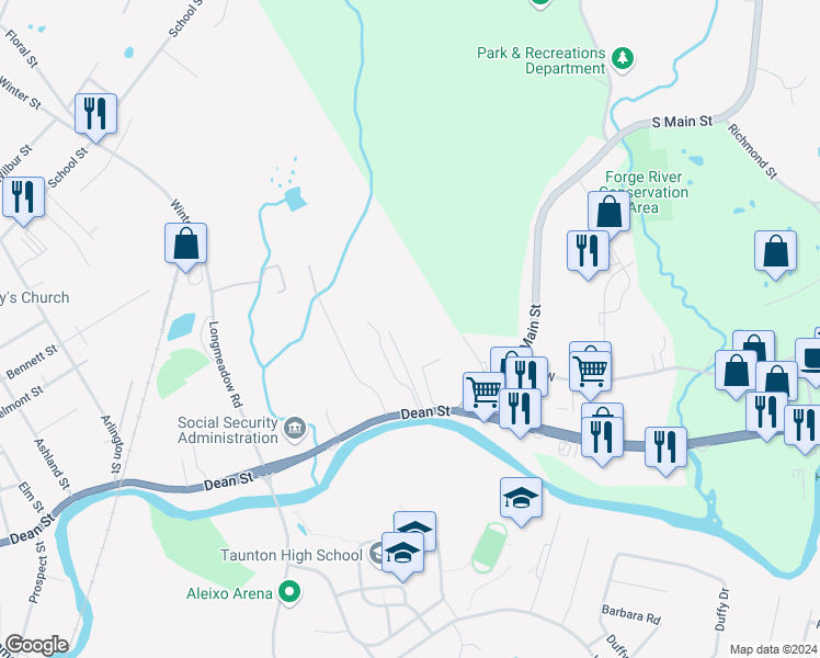 map of restaurants, bars, coffee shops, grocery stores, and more near 146 Dean Street in Taunton