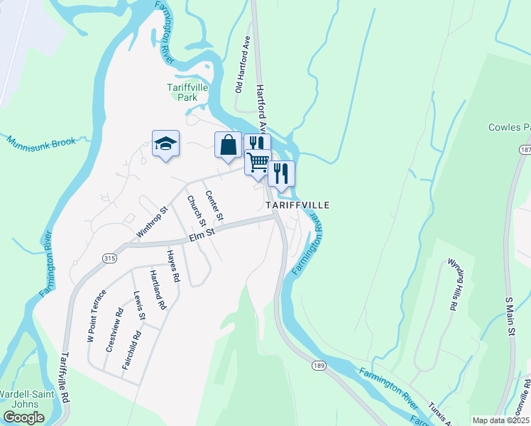 map of restaurants, bars, coffee shops, grocery stores, and more near 4 Elm Street in Simsbury