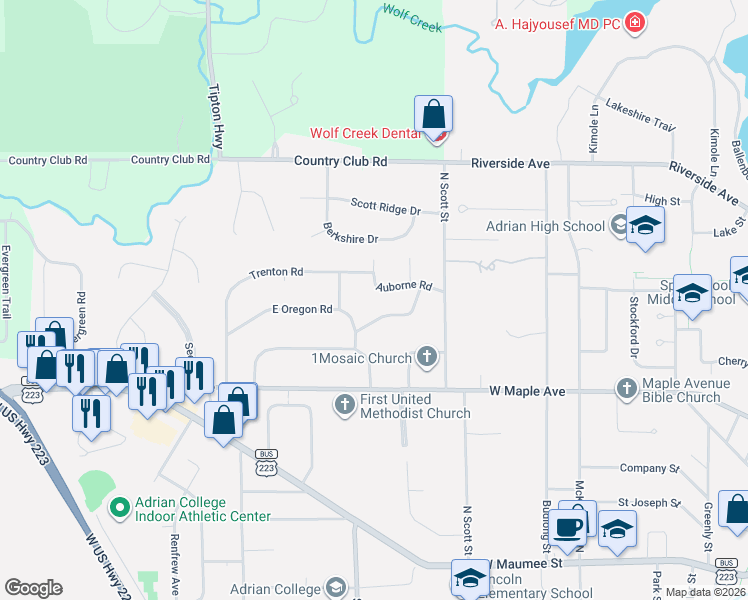map of restaurants, bars, coffee shops, grocery stores, and more near 1175 Auborne Road in Adrian