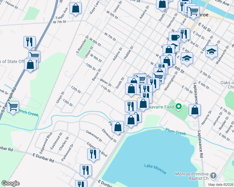 map of restaurants, bars, coffee shops, grocery stores, and more near 1023 Smith Street in Monroe