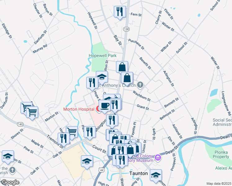 map of restaurants, bars, coffee shops, grocery stores, and more near 92 Broadway in Taunton