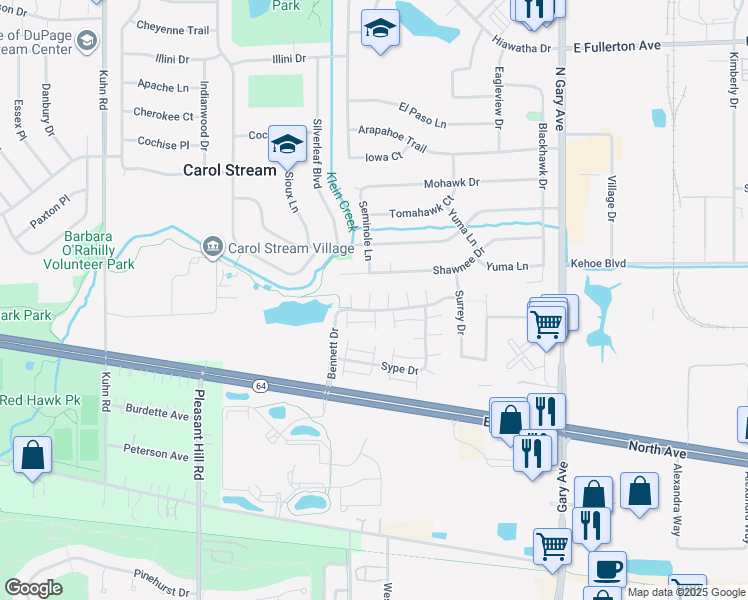 map of restaurants, bars, coffee shops, grocery stores, and more near 299 Bennett Drive in Carol Stream