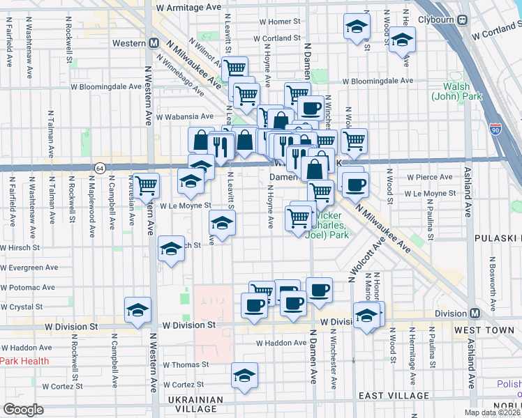 map of restaurants, bars, coffee shops, grocery stores, and more near 2112 West Le Moyne Street in Chicago