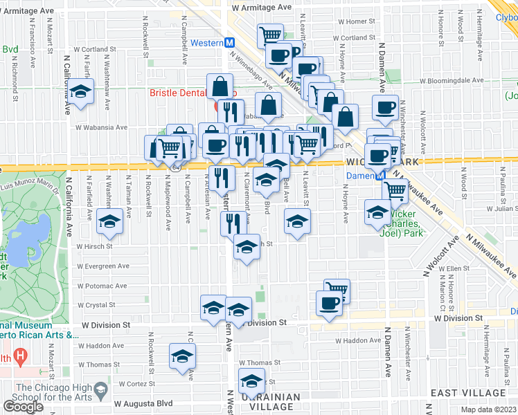 map of restaurants, bars, coffee shops, grocery stores, and more near 2315 West Le Moyne Street in Chicago
