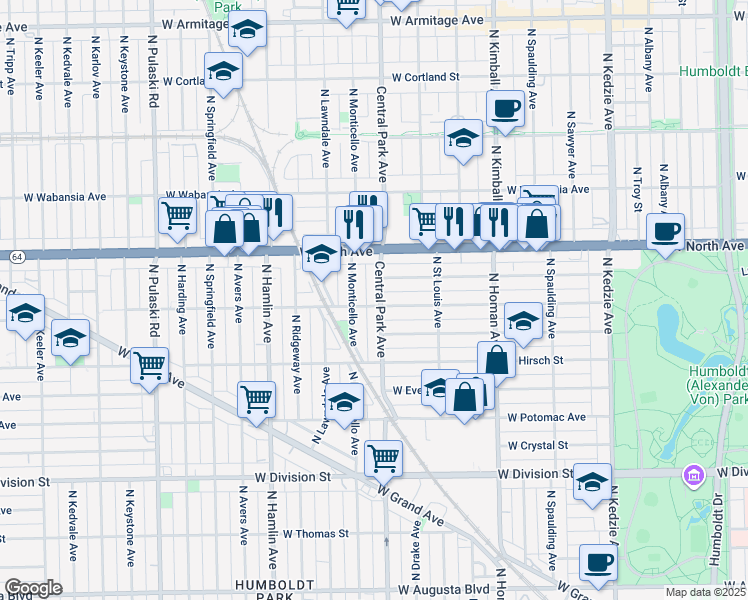 map of restaurants, bars, coffee shops, grocery stores, and more near 1502 North Central Park Avenue in Chicago