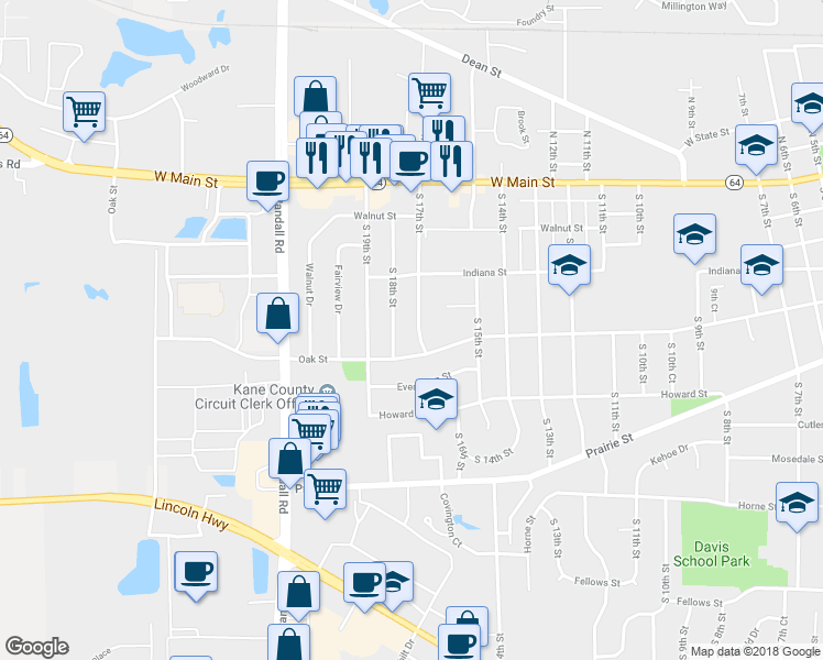 map of restaurants, bars, coffee shops, grocery stores, and more near 243 South 17th Street in Saint Charles
