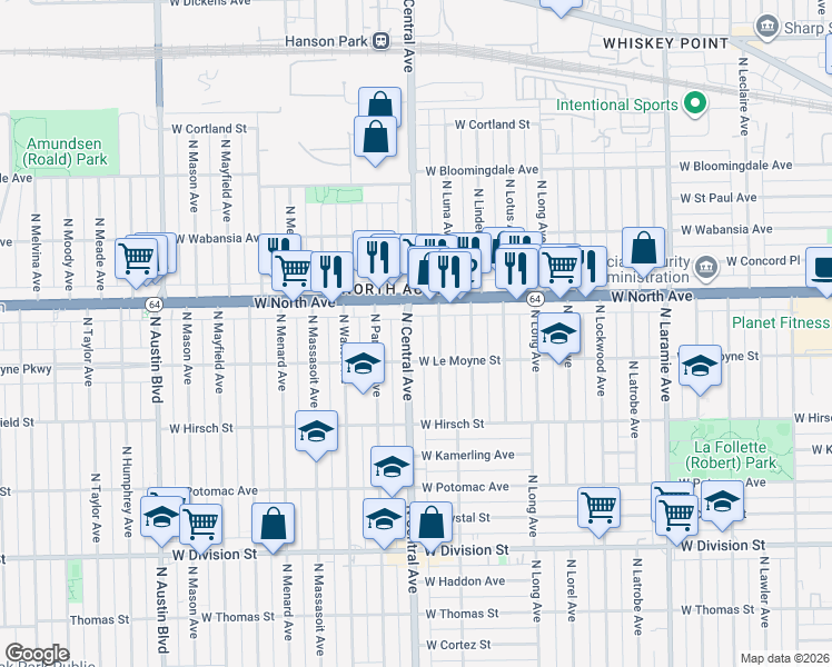 map of restaurants, bars, coffee shops, grocery stores, and more near 1528 North Luna Avenue in Chicago