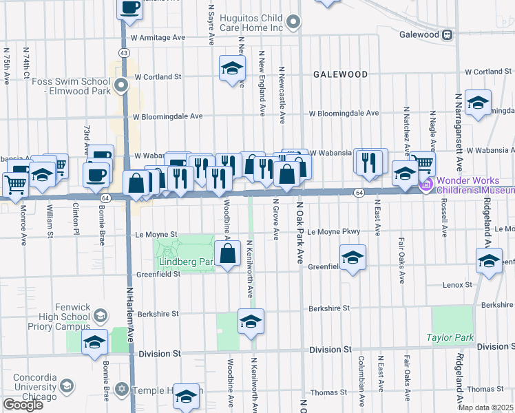 map of restaurants, bars, coffee shops, grocery stores, and more near 1254 North Kenilworth Avenue in Oak Park