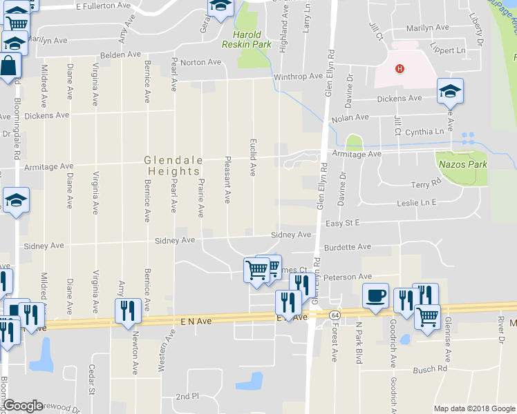 map of restaurants, bars, coffee shops, grocery stores, and more near 2N267 Euclid Avenue in Glen Ellyn