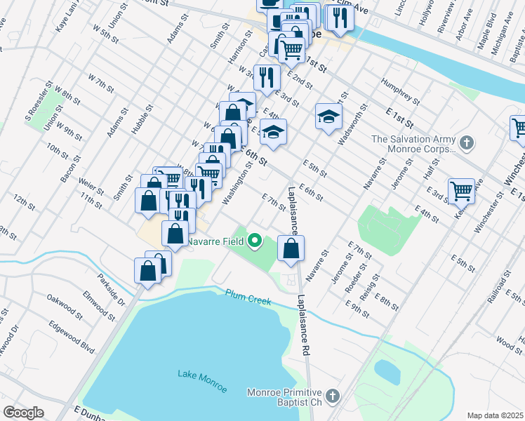 map of restaurants, bars, coffee shops, grocery stores, and more near 719 Custer Street in Monroe