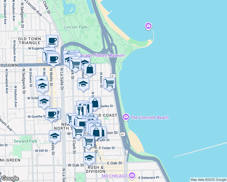 map of restaurants, bars, coffee shops, grocery stores, and more near 1420 North Lake Shore Drive in Chicago