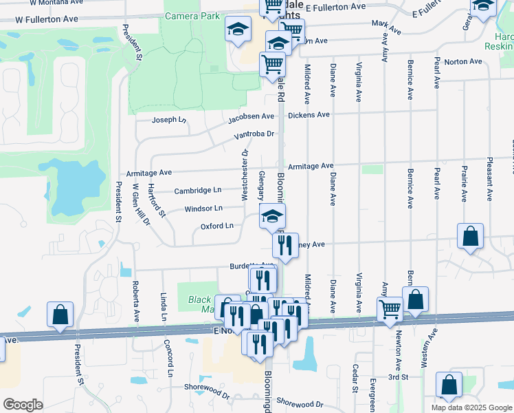 map of restaurants, bars, coffee shops, grocery stores, and more near 1354 Glengary Drive in Glendale Heights