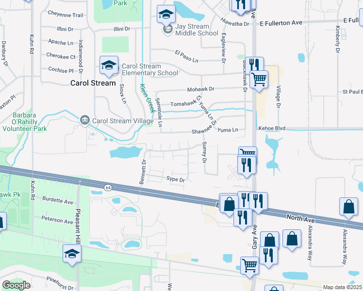 map of restaurants, bars, coffee shops, grocery stores, and more near 313 Bennett Drive in Carol Stream