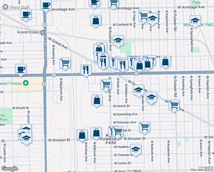 map of restaurants, bars, coffee shops, grocery stores, and more near 1520 North Kostner Avenue in Chicago