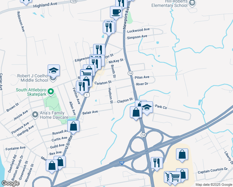 map of restaurants, bars, coffee shops, grocery stores, and more near 25 Clayton Avenue in Attleboro