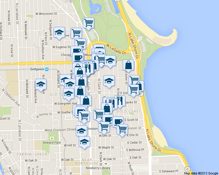 map of restaurants, bars, coffee shops, grocery stores, and more near 1425 North Dearborn Parkway in Chicago