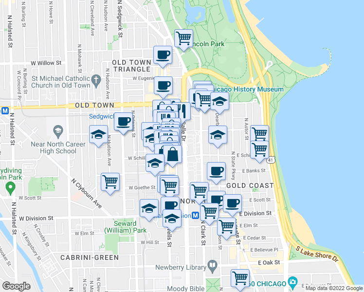 map of restaurants, bars, coffee shops, grocery stores, and more near 1450 North LaSalle Drive in Chicago