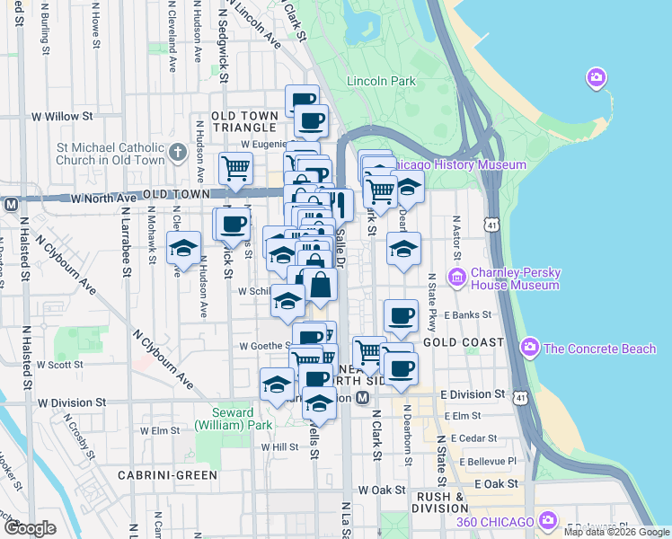 map of restaurants, bars, coffee shops, grocery stores, and more near 1450 North LaSalle Drive in Chicago