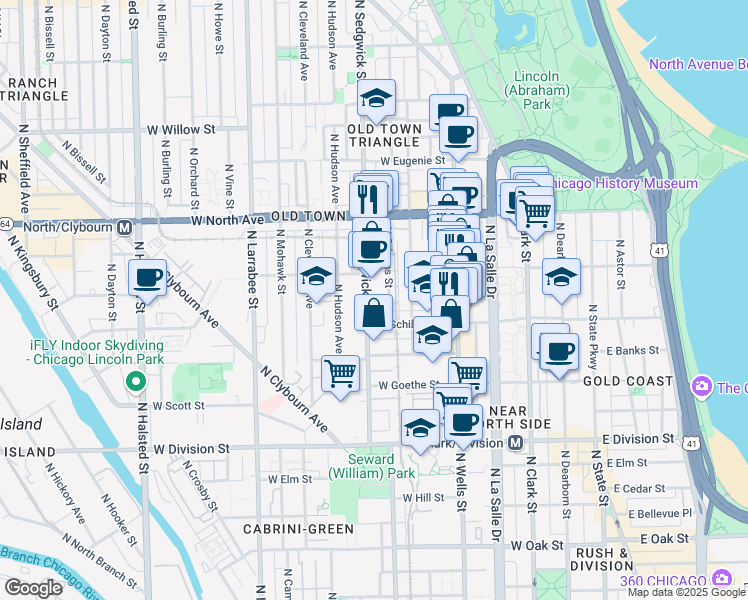 map of restaurants, bars, coffee shops, grocery stores, and more near 1423 North Orleans Street in Chicago