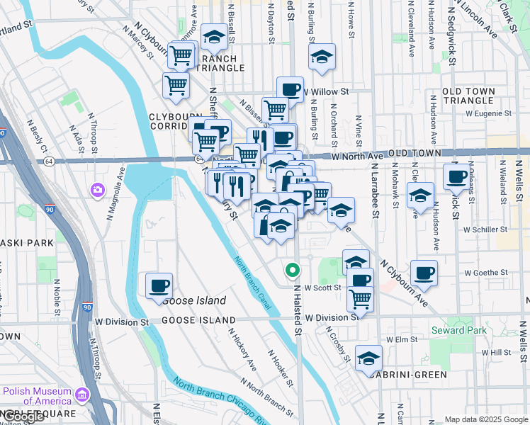 map of restaurants, bars, coffee shops, grocery stores, and more near 821 West Blackhawk Street in Chicago