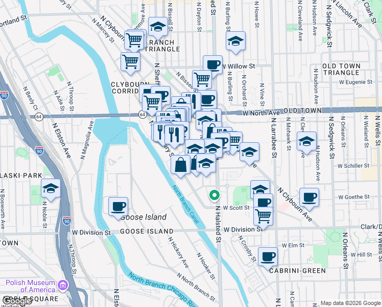 map of restaurants, bars, coffee shops, grocery stores, and more near 1476 North Fremont Street in Chicago
